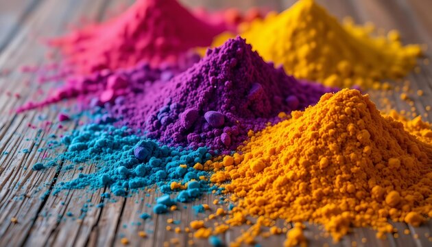 Rustic close-up of Holi powders on a textured wooden surface, celebrating Holi color festival with abir