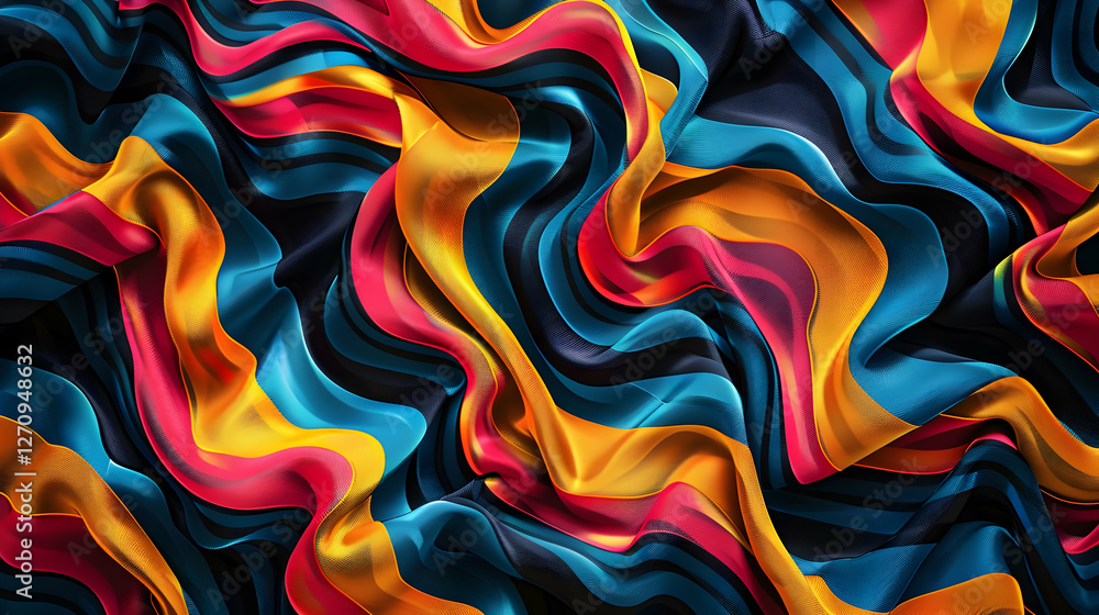 Poster vibrant, flowing fabric in bold colors creating a dynamic visual texture with smooth waves