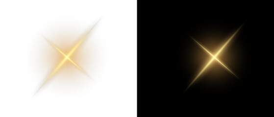 Yellow star flashed with sparkles sun isolated on white background. Soft glow without departing...