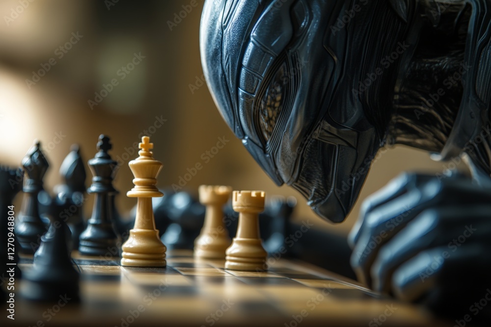 Poster intricate chess match between a mysterious figure and the challenge of strategy at dusk