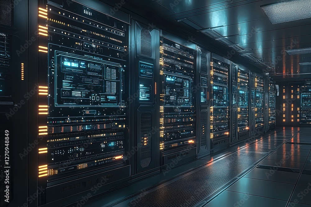 Poster a futuristic server room filled with rows of data servers, displaying complex information on glowing
