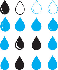 Waterdrop vector icon set. Rain drip liquid logo. Droplet sign. Tear and oil isolated symbol. Simple blue splash mark.