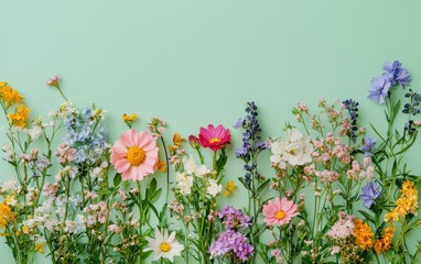 A mixed bouquet of wildflowers on a pastel green background