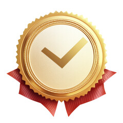 Isolated Golden Quality Medal with Red Ribbons, Award Symbol