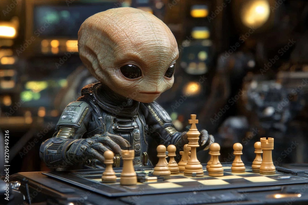Poster alien chess player engaged in a strategic game in a futuristic space setting