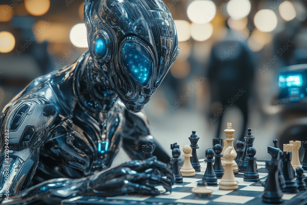 Poster robot engages in a strategic chess match in a futuristic setting with glowing lights and curious onl