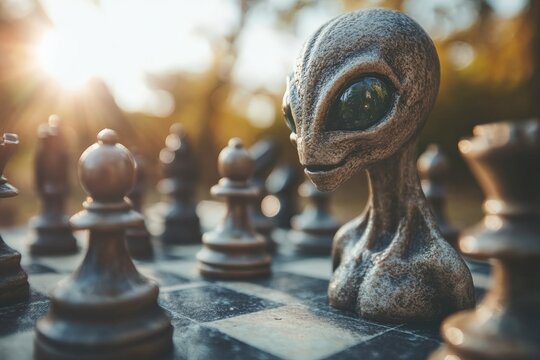 Alien chess player contemplating strategy during sunset in a serene park setting with chess pieces nearby
