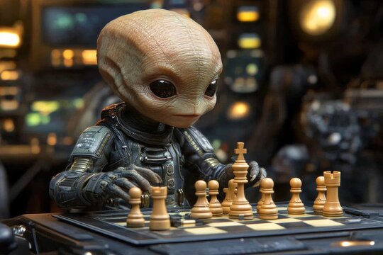 Alien chess player engaged in a strategic game in a futuristic space setting