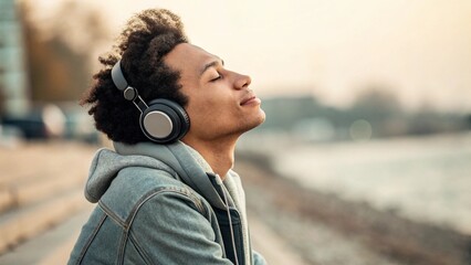Content woman listening to music on headphones outdoors, eyes closed, finding peace and mindfulness in an urban environment