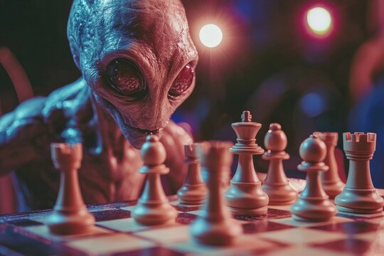 Unusual chess match between an alien and a human in a dimly lit room filled with colorful lights
