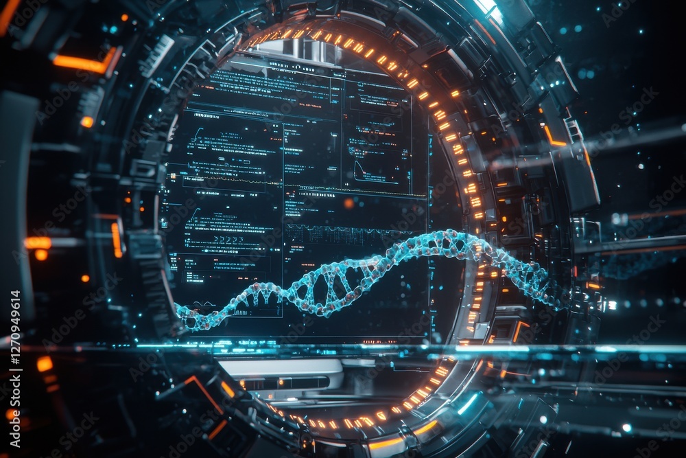 Poster a futuristic dna analysis platform with holographic interface and complex data streams, visualizing 