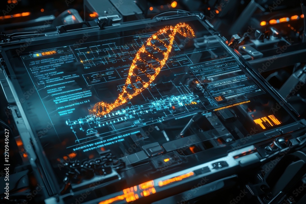 Poster a high-tech interface displaying a dna sequence, representing genetic research and advanced biotechn