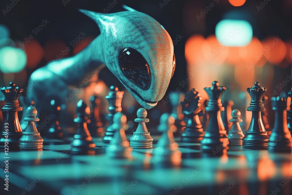 Poster alien creature focusing intently on a chess game, illuminated by colorful lights in a futuristic set