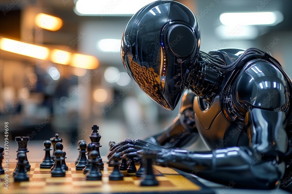 Poster robot engaged in an intense chess match in a modern setting during an evening tournament
