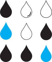 Waterdrop vector icon set. Rain drip liquid logo. Droplet sign. Tear and oil isolated symbol. Simple blue splash mark.