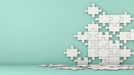 Fototapeta premium Abstract arrangement of white puzzle pieces on a pastel background