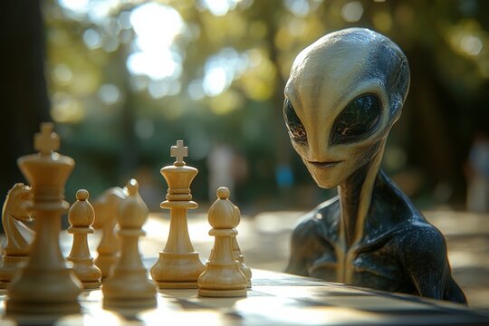 Alien engages in a strategic chess match in a serene park setting under soft natural light