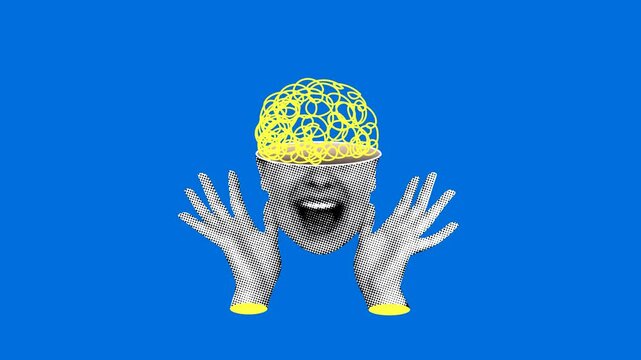 Idea concept. Shining brain inside womans head. Creative thinking in business. Scientific discoveries. Successful learning. Brainstorm. Halftone face. Emotion of surprise. Stop motion animation