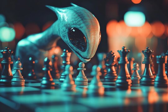 Alien creature focusing intently on a chess game, illuminated by colorful lights in a futuristic setting