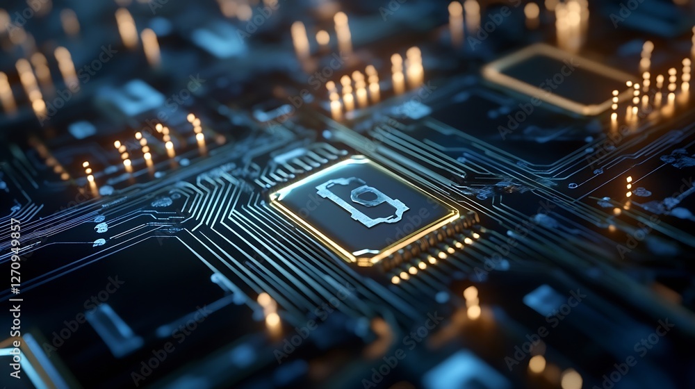 Poster Closeup view of a hightech circuit board highlighting a secure microchip for advanced computing systems : Generative AI