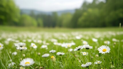 Vibrant field of daisies swaying in the breeze with a lush green background creating a picturesque nature scene : Generative AI