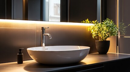 A bathroom with a large wall mirror above a sleek, modern sink, perfect for a high-end, sophisticated interior