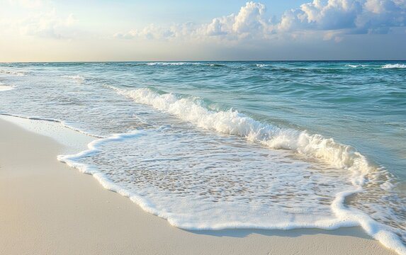 A peaceful view of gentle waves rolling onto a white sandy beach