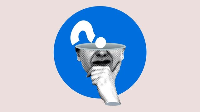 Modern halftone collage with human head and question mark. Problem and solution concept. Puzzled woman. FAQ. Person looking for an answer. Stop motion animation