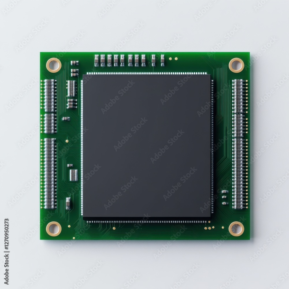 Poster close-up view of a digital microchip with metal pins on a green circuit board background