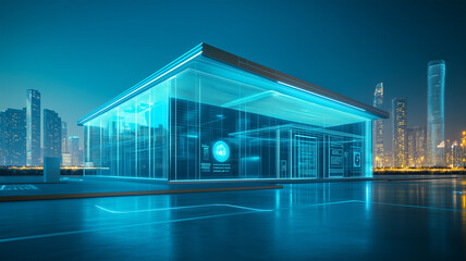 Obraz premium 水素エネルギーで稼働するスマートビル、自動調整されるエネルギー管理システムで最適な環境を維持