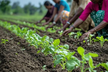 A group of women farmers diligently tending to rows of young plants in a thriving field, highlighting agricultural investment and economic empowerment.