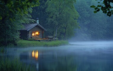 Fototapeta premium A picturesque log cabin on the edge of a misty forest