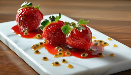 haute cuisine Elegant culinary creation with fresh strawberries and passion fruit sauce on marble plate