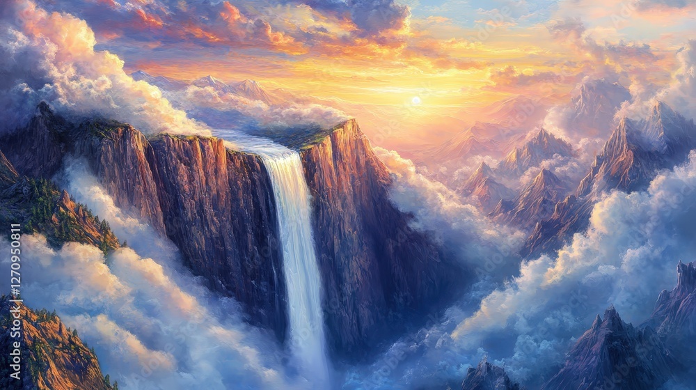 Poster a sky waterfall cascading from clouds high above a mountain range, creating a beautiful contrast bet