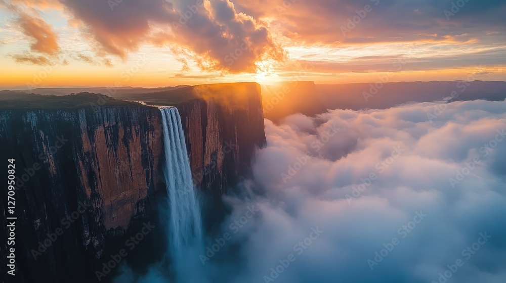 Poster a sky waterfall cascading from clouds high above a mountain range, creating a beautiful contrast bet