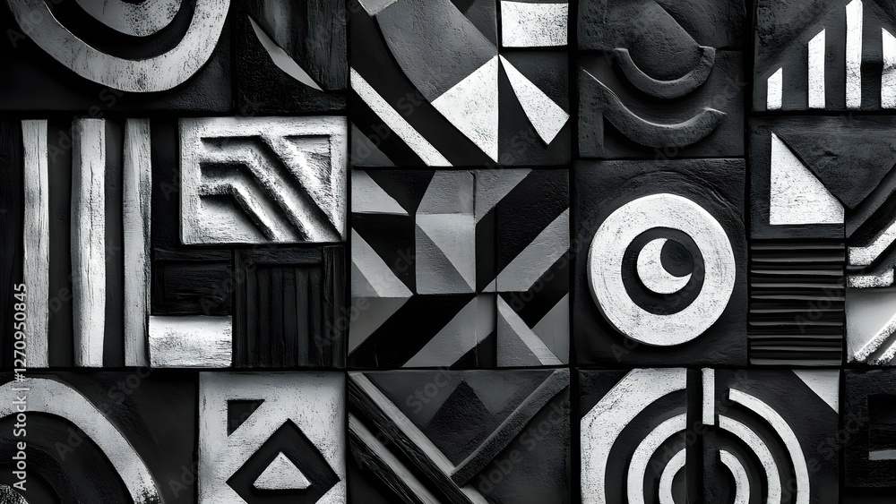 Aufkleber a composition of various black and white geometric patterns and shapes arranged in a grid-like forma