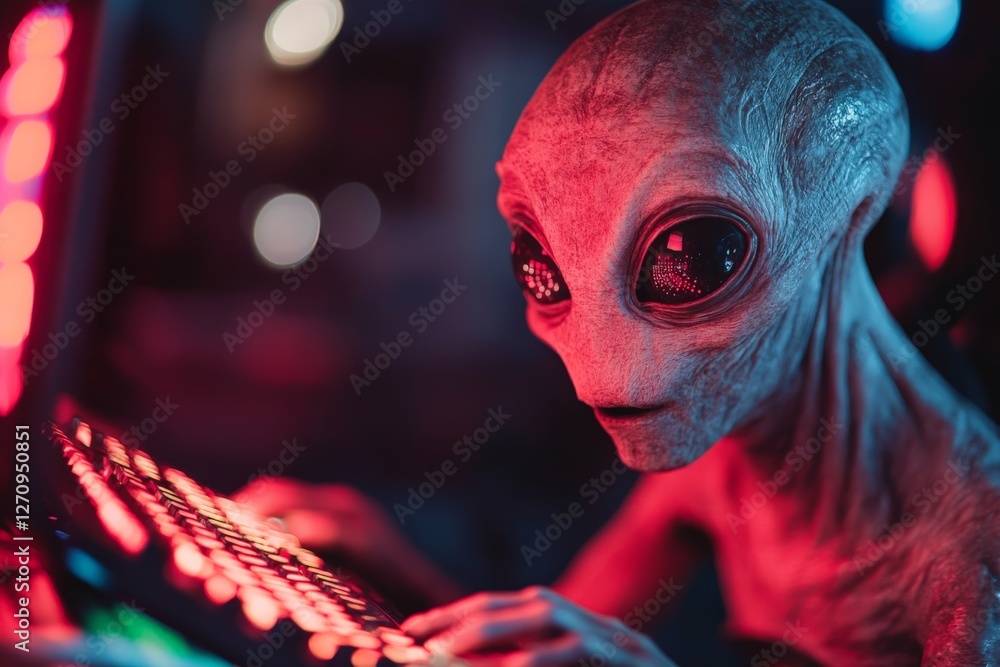 Poster alien interacting with a futuristic computer in a dimly lit environment during an extraterrestrial e
