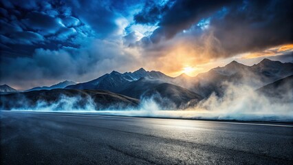 Fototapeta premium Dark Misty Street, Mountain Range Background - Product Showcase Stock Photo