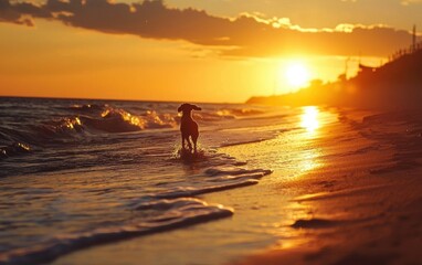A playful dog running along the beach at sunset