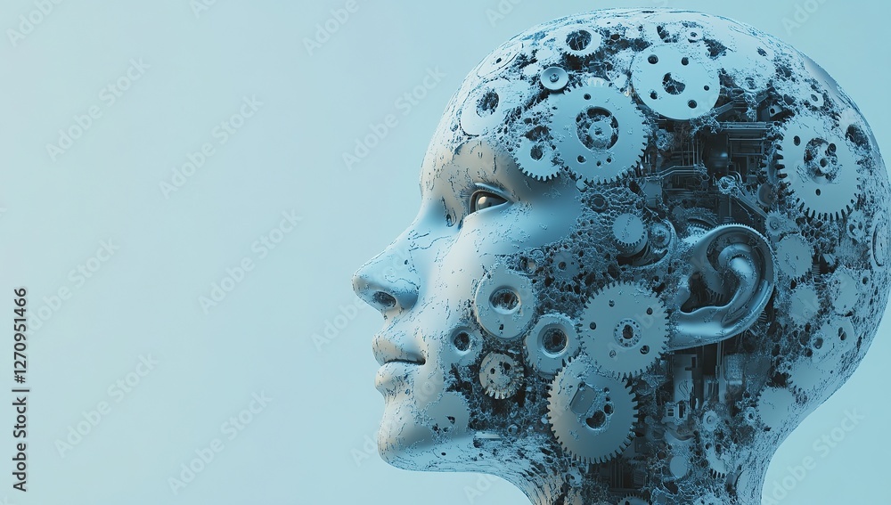 Poster a profile view of the human head with gears and cogs, representing brain activity in ai learning
