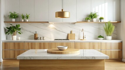 Elegant Wooden Kitchen Podium Display Stand for Food Product Presentation - White Marble Countertop Background