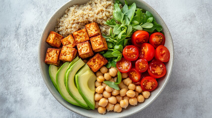 彩り豊かなスーパーフードボウル ひよこ豆・アボカド・トマト・豆腐・キヌア