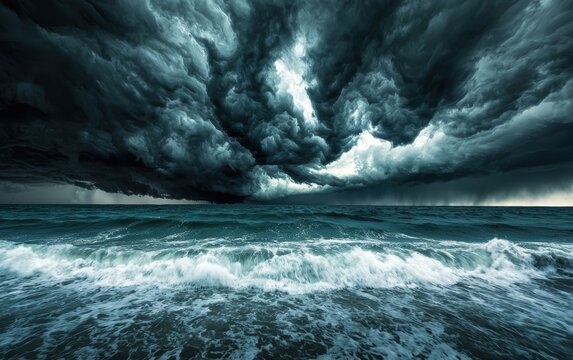 A powerful storm rolling in over the ocean, dark clouds swirling