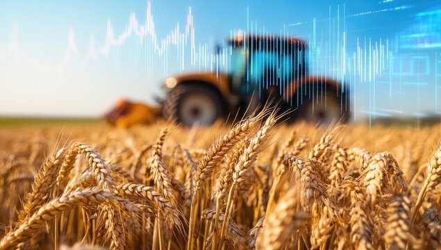 Wheat field, tractor, market data, agriculture - Powered by Adobe