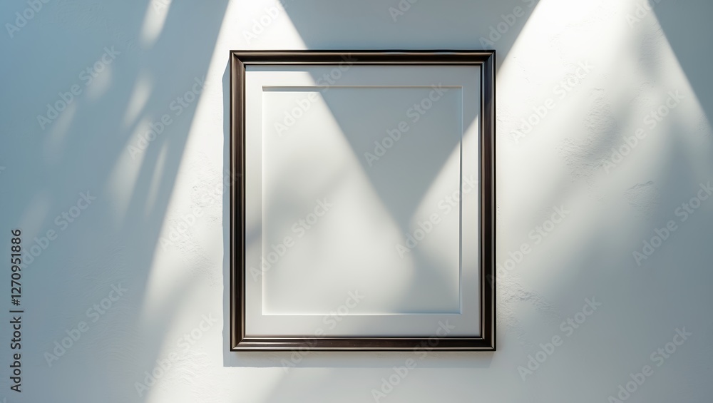 Poster empty wall frame casting shadows under soft light in a minimalist setting