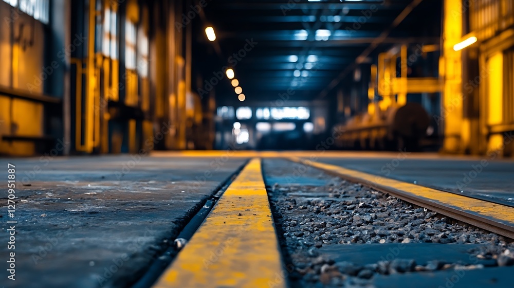 Poster industrial train tracks in warehouse environment with soft lighting and depth perspective : generati