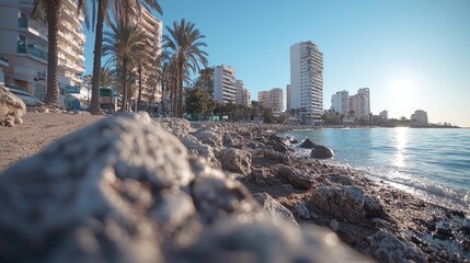 Coastal city beach, buildings, palm trees, sunny day, relaxing view, vacation destination