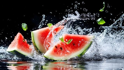 Sliced watermelon pieces splashing in water, with droplets and mint leaves adding a refreshing touch. Concept Sliced Watermelon, Splashing Water, Refreshing Mint Leaves, Summer Vibes