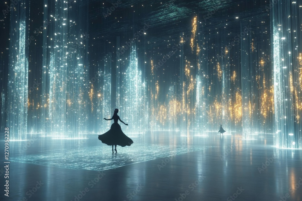 Poster dancer moving gracefully in an illuminated digital space filled with shimmering lights and ethereal 