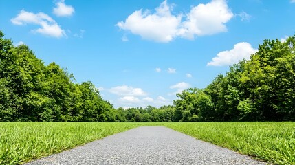 Obraz premium Gravel Path Through Lush Green Landscape Under Blue Sky